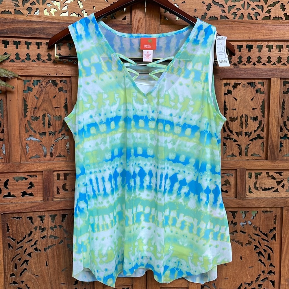 ❤️ NWT Hearts of Palm Blue and Green Tie Dye Front Tank Top w camisole lining - Picture 3 of 7
